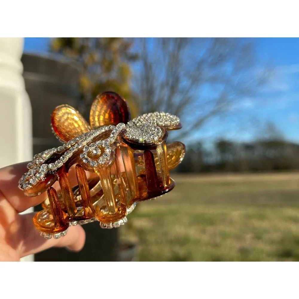 Sparkling Rhinestone Flower Claw Clip‎ Amber Brown Acetate Hair Accessory Women